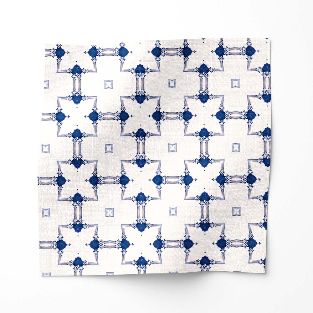 Dido is a blue and white Chinoiserie lattice fabric pattern by Pearl and Maude