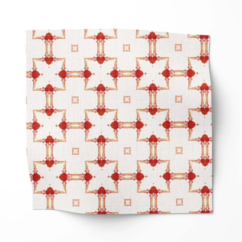 Dido is a red and white Chinoiserie lattice fabric pattern by Pearl and Maude