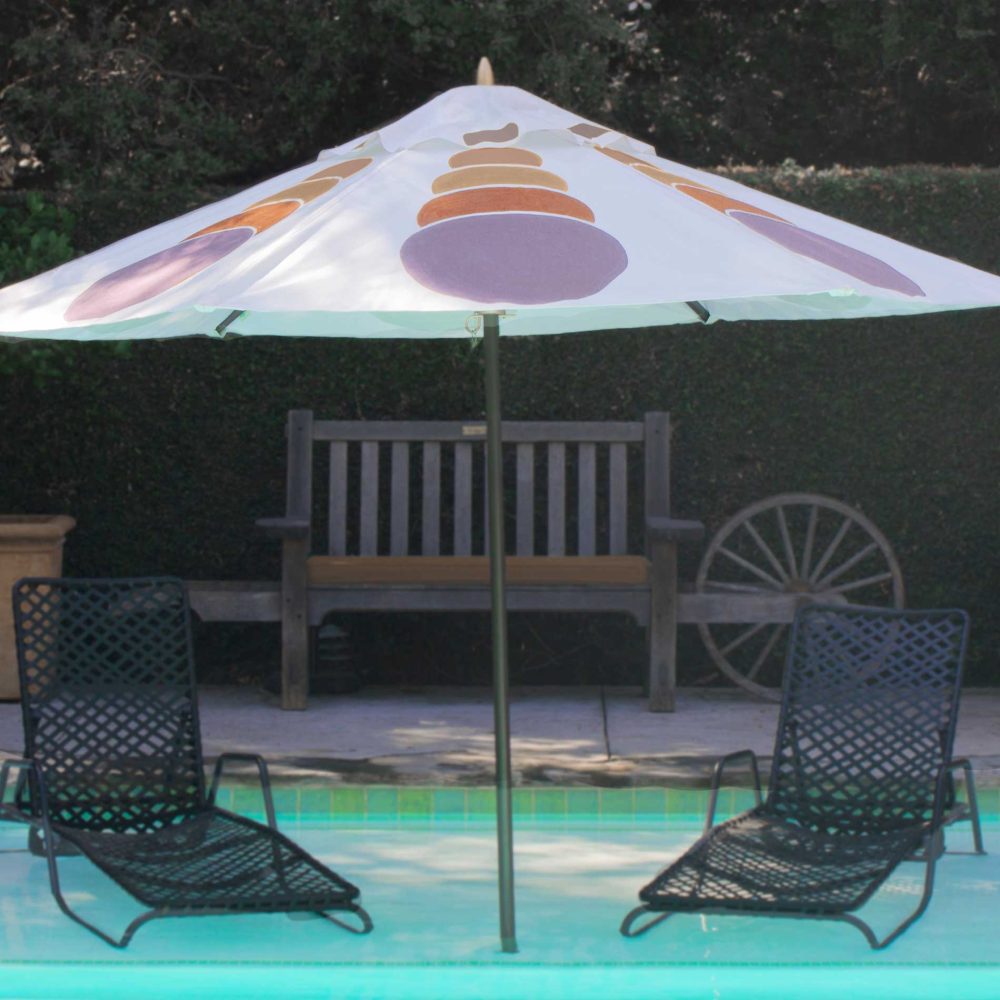 hand painted custom patio umbrella - ping pong pattern in lavender, tan and peach by artist Teale Hatheway - poolside patio