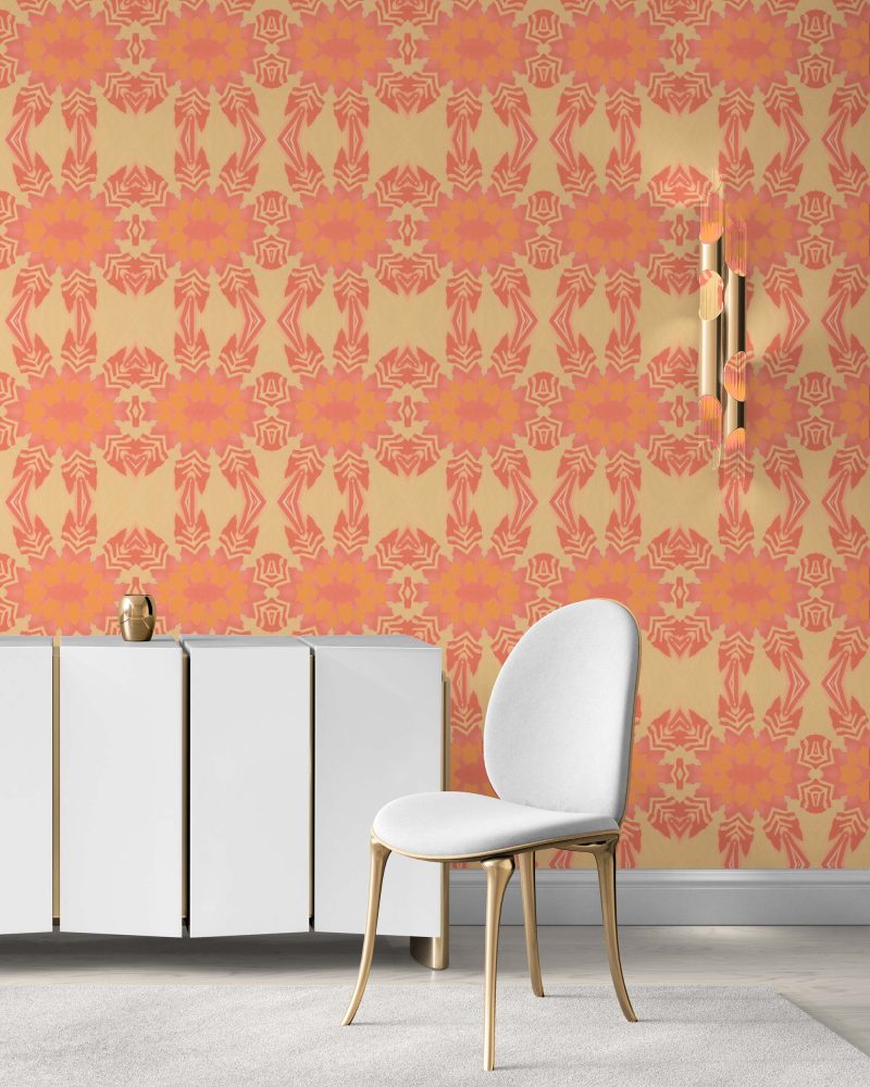 artemis butter yellow and tangerine orange wallpaper in a sitting room with white furniture