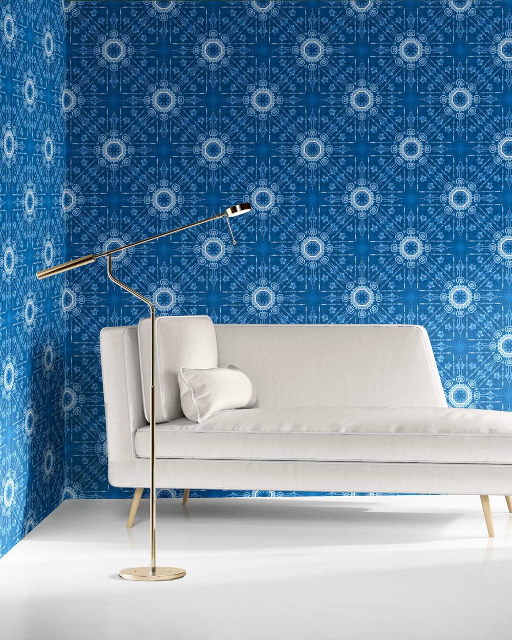 a beautiful room with Beaufort cobalt blue Spanish medallion wallpaper