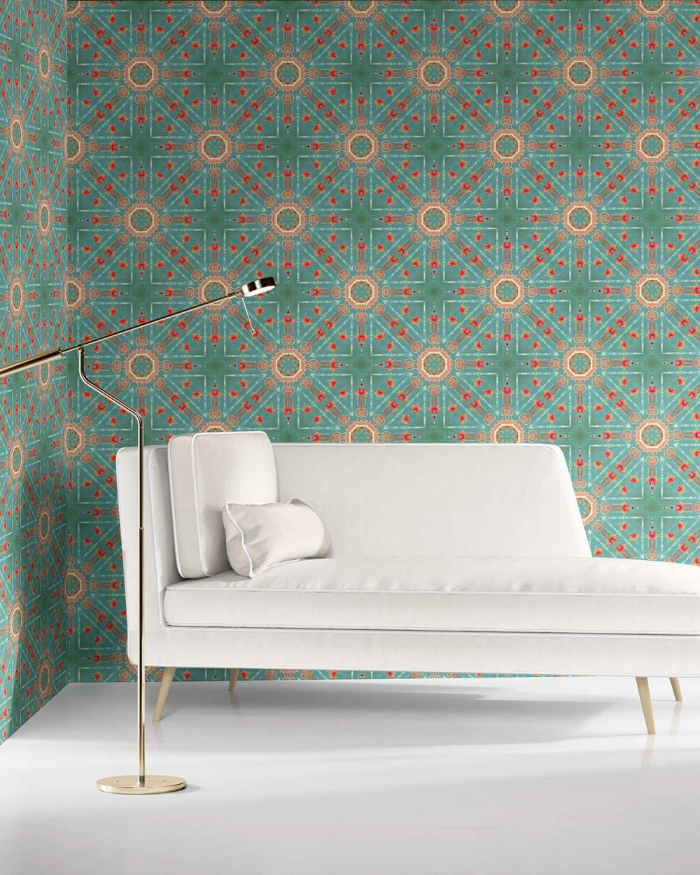 a beautiful room with Beaufort teal coral Spanish medallion wallpaper