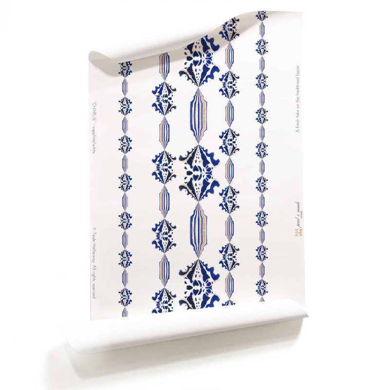 Charlie Sapphire Blue Floral Stripe Wallpaper Roll _Classic Matte_Pearl and Maude