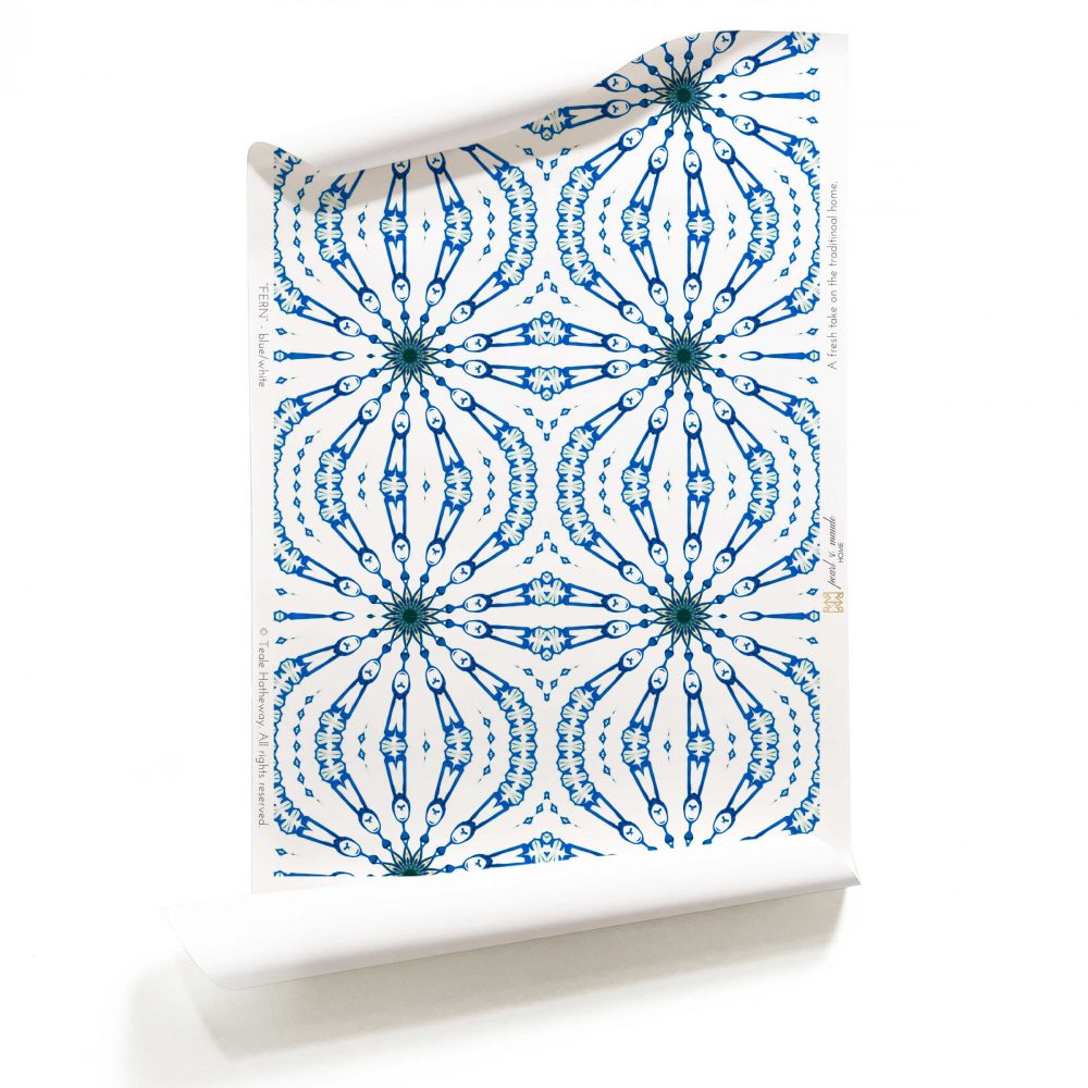 FERN • BLUE, WHITE ARABESQUE WALLPAPER by Pearl & Maude