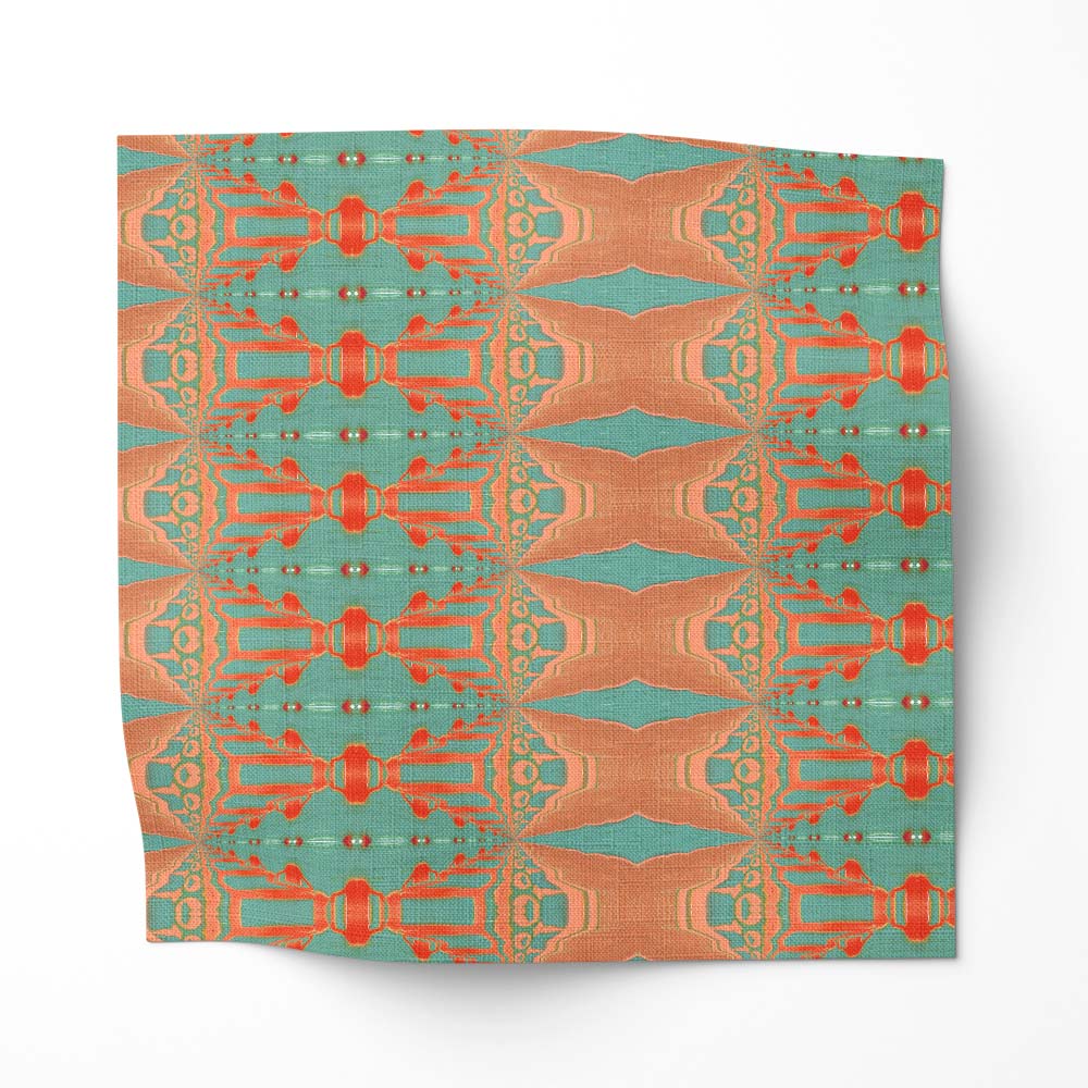 Itzel is a coral red, clay and turquoise linen fabric, reminiscent of Art Nouveau and tribal designs.