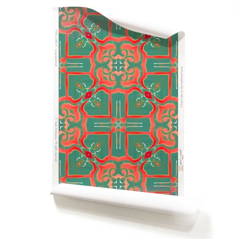 Mallorca in turquoise and coral is a modern take on Spanish tile design. It is a colorful luxury wallpaper designed in Los Angeles. Design - Mallorca by Pearl and Maude. wallpaper comes untrimmed.