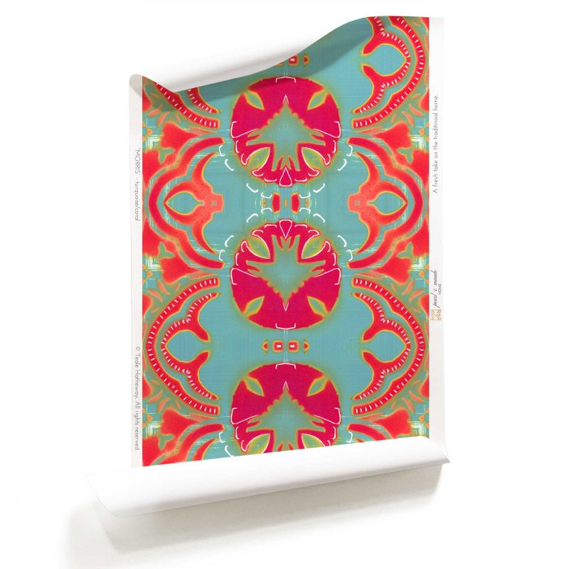 A roll of coral and turquoise modern arts and crafts wallpaper by Pearl and Maude