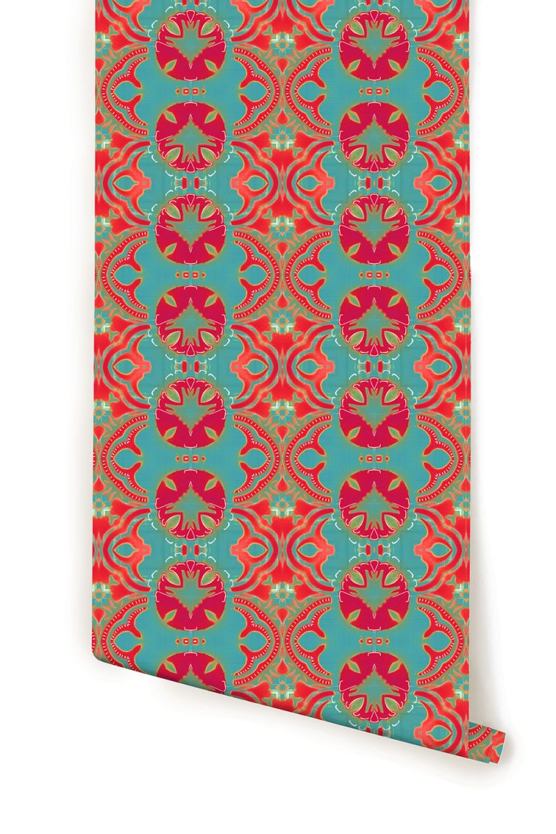 A roll of coral and turquoise modern arts and crafts wallpaper by Pearl and Maude