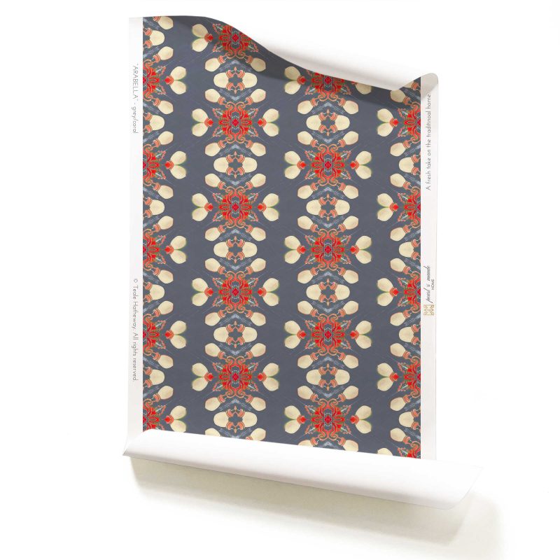 Roll of coral, cream and grey wallpaper on non-woven vellum. Design - Arabella by Pearl and Maude
