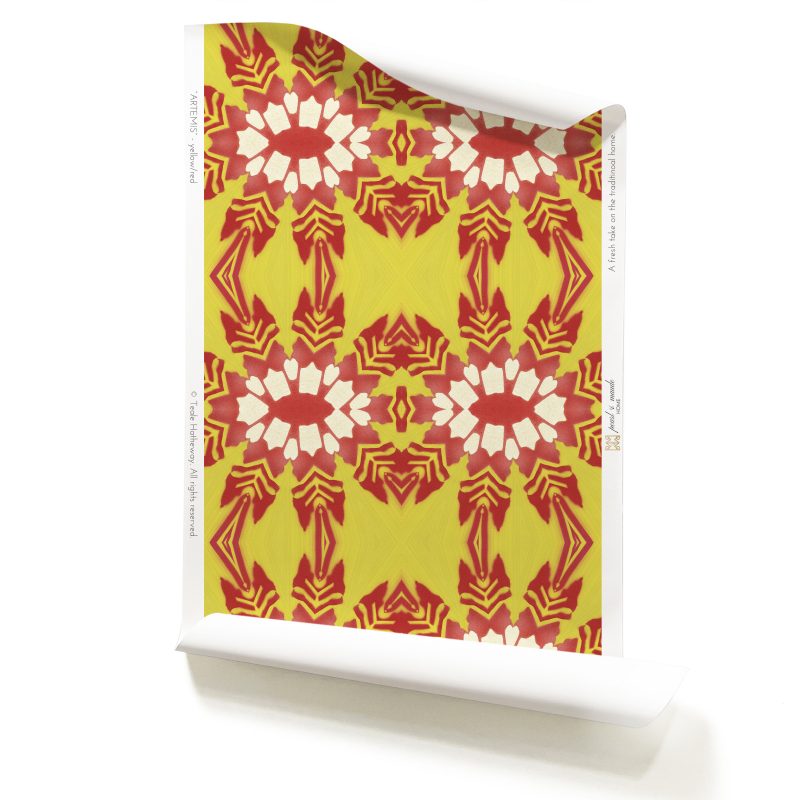 Roll of red and yellow wallpaper on vellum. Design - Artemis by Pearl and Maude