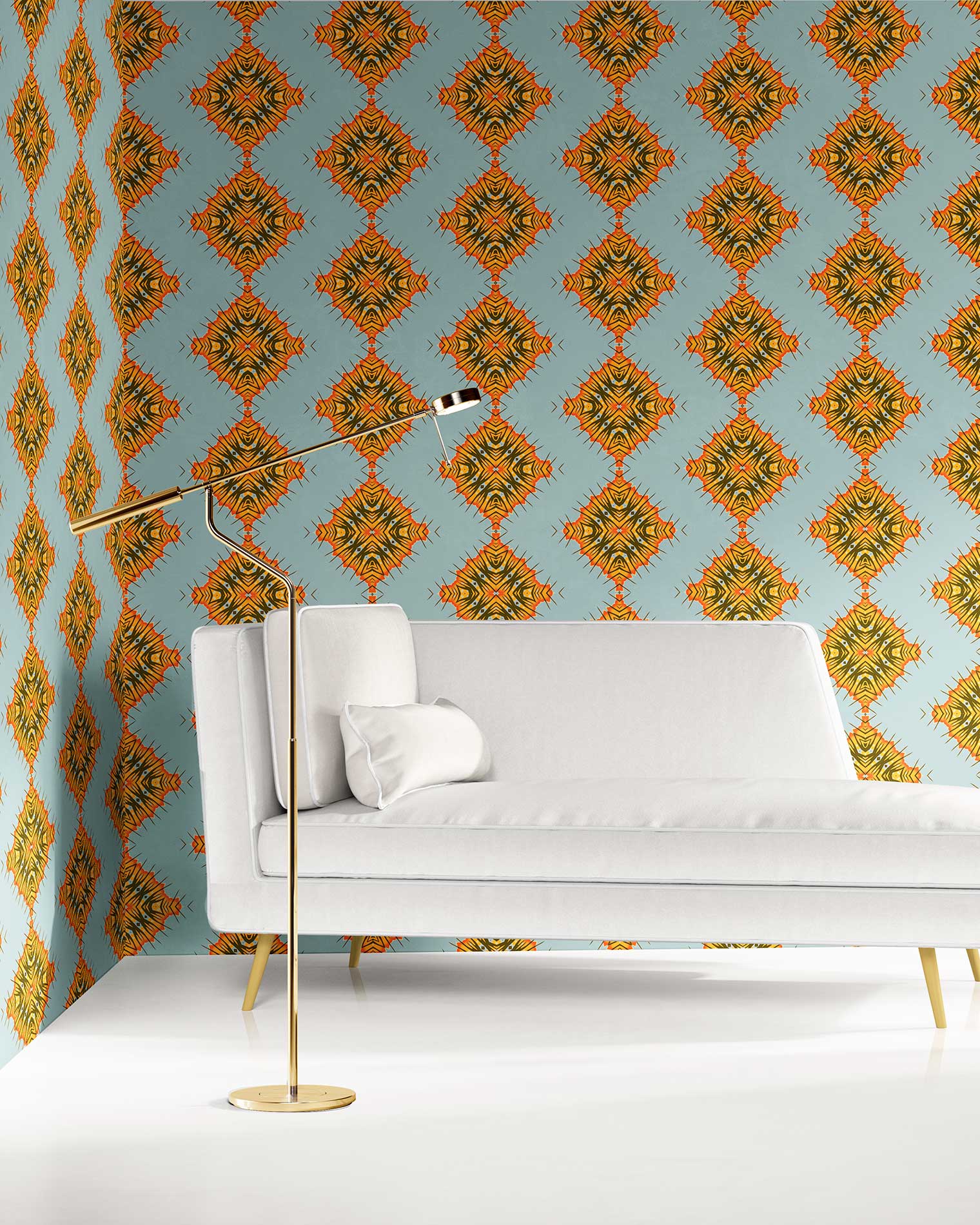 Desert Diamonds in dusty blue, orange and olive is a modern, colorful luxury wallpaper designed in Los Angeles. Design - Desert Diamonds by Pearl and Maude. Vellum wallpaper comes untrimmed.