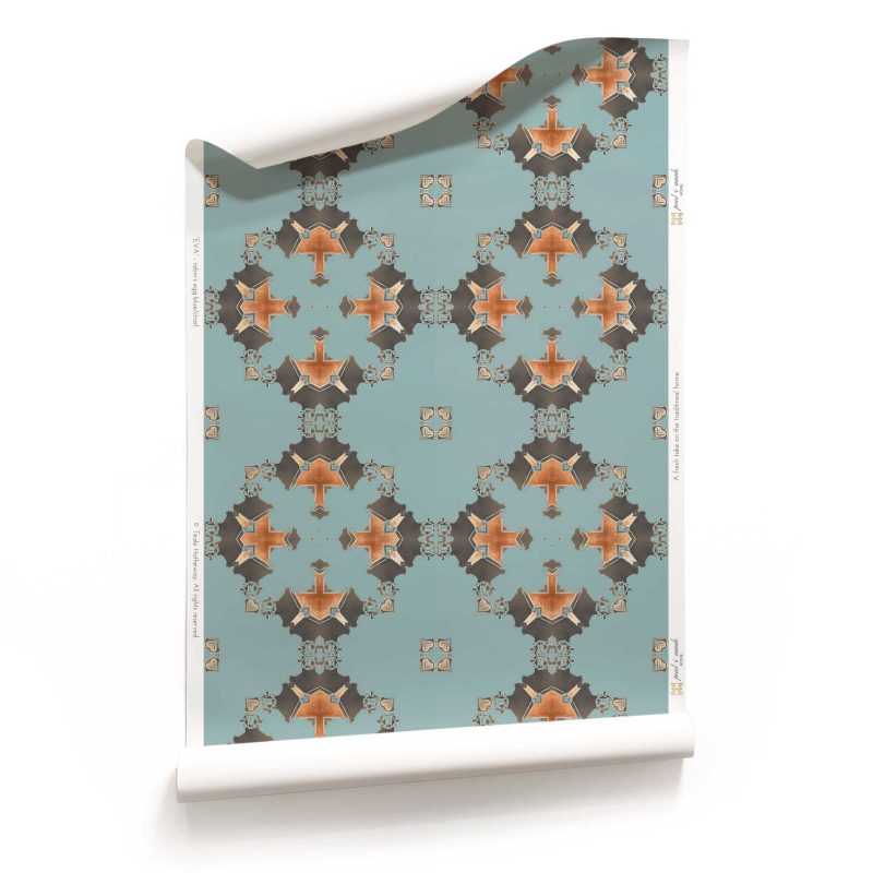 Roll of robin's egg blue, grey and copper wallpaper on non-woven vellum. Design - Eva by Pearl and Maude