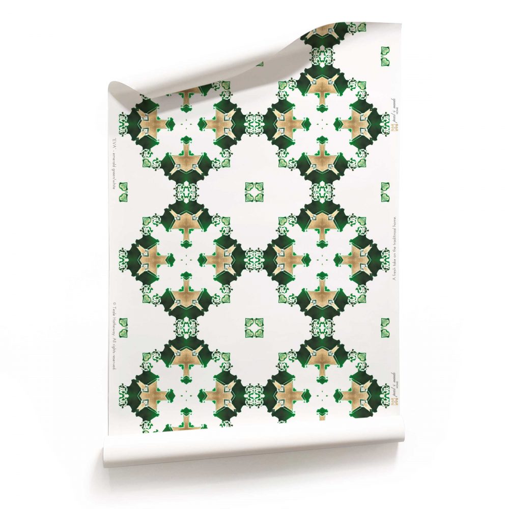 Roll of green, gold and white wallpaper on non-woven vellum. Design - Eva by Pearl and Maude