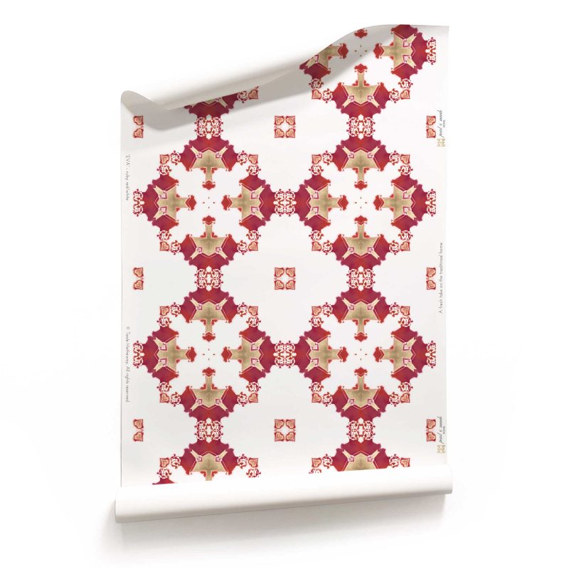 Roll of red, gold and white wallpaper on non-woven vellum. Design - Eva by Pearl and Maude