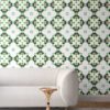Green, white and gold wallpaper designed in Los Angeles makes this sophisticated art deco interior more luxurious. Design - Eva by Pearl and Maude. Vellum wallpaper comes untrimmed. Standard wallpaper comes pre-pasted.