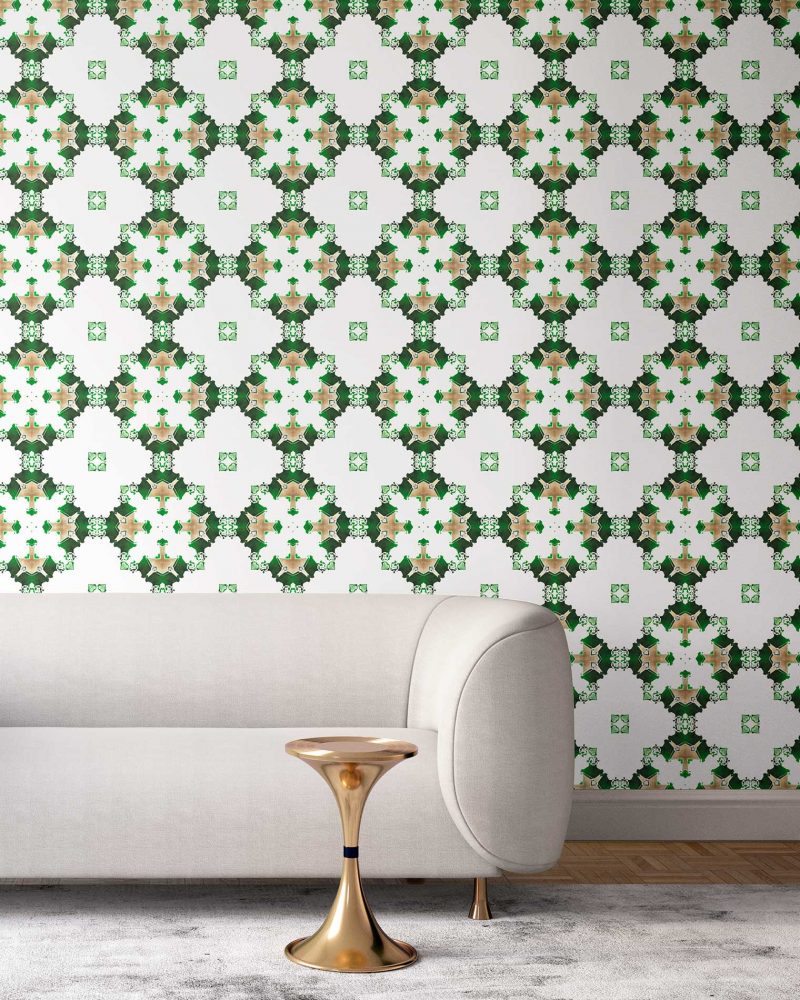 Green, white and gold wallpaper designed in Los Angeles makes this sophisticated art deco interior more luxurious. Design - Eva by Pearl and Maude. Vellum wallpaper comes untrimmed. Standard wallpaper comes pre-pasted.