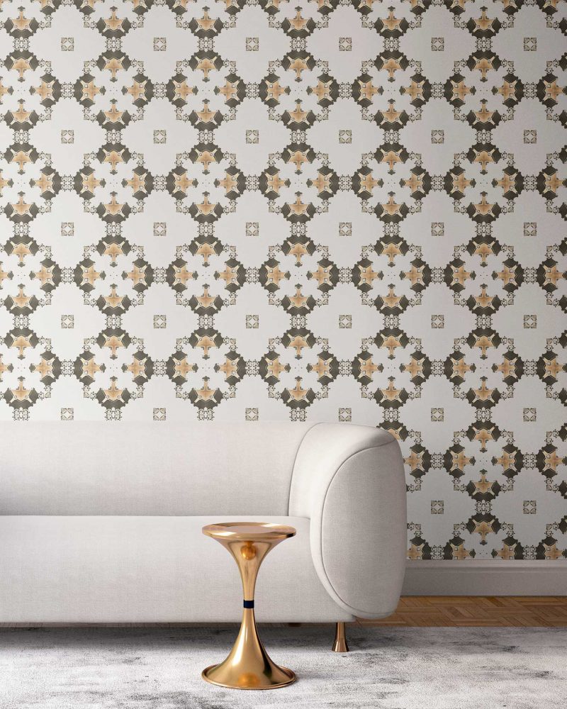 Taupe, cream and gold wallpaper designed in Los Angeles makes this sophisticated art deco interior more luxurious. Design - Eva by Pearl and Maude. Vellum wallpaper comes untrimmed. Standard wallpaper comes pre-pasted.