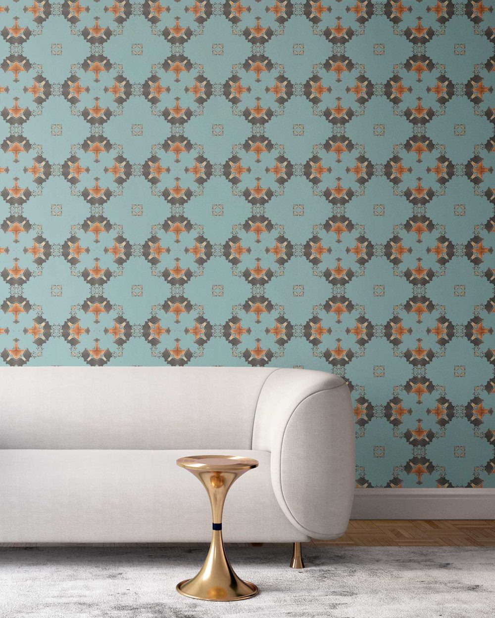 Robin's egg blue, grey and copper wallpaper designed in Los Angeles makes this sophisticated art deco interior more luxurious. Design - Eva by Pearl and Maude. Vellum wallpaper comes untrimmed. Standard wallpaper comes pre-pasted.