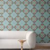 Living room in Eva in Robin's Egg Blue Art Deco wallpaper - is a sophisticated, geometric, Art Deco-inspired wallpaper by Pearl and Maude.