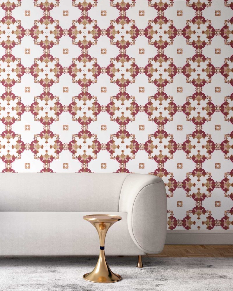 Burgundy red, gold and white wallpaper designed in Los Angeles makes this sophisticated art deco interior more fun. Design - Eva by Pearl and Maude. Vellum wallpaper comes untrimmed. Standard wallpaper comes pre-pasted.