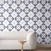 Navy blue, gold and white wallpaper designed in Los Angeles makes this sophisticated art deco interior more luxurious. Design - Eva by Pearl and Maude. Vellum wallpaper comes untrimmed. Standard wallpaper comes pre-pasted.