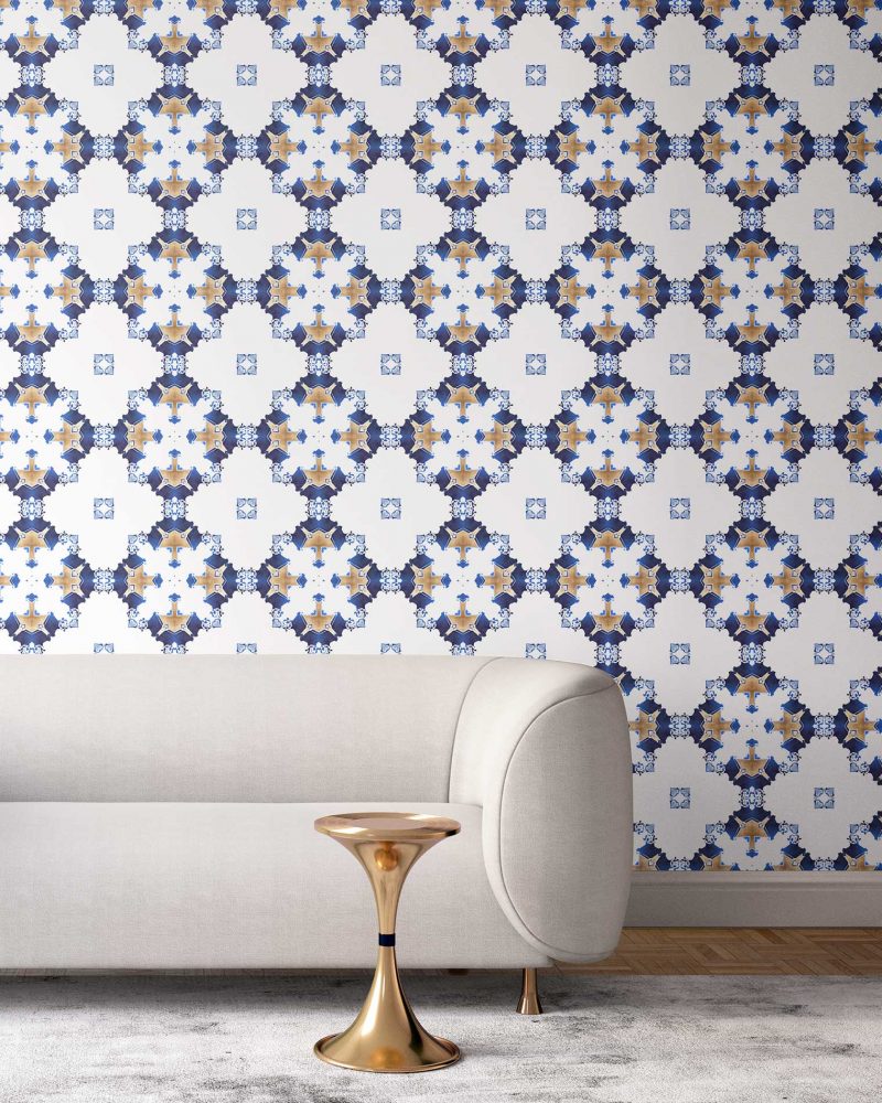 Navy blue, gold and white wallpaper designed in Los Angeles makes this sophisticated art deco interior more luxurious. Design - Eva by Pearl and Maude. Vellum wallpaper comes untrimmed. Standard wallpaper comes pre-pasted.