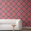 Terracotta pink, blue and gold wallpaper designed in Los Angeles makes this sophisticated art deco interior more luxurious. Design - Eva by Pearl and Maude. Vellum wallpaper comes untrimmed. Standard wallpaper comes pre-pasted.