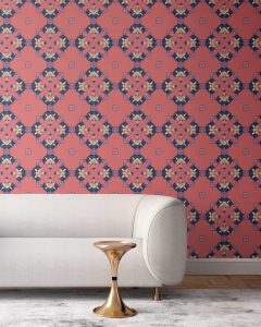 Terracotta pink, blue and gold wallpaper designed in Los Angeles makes this sophisticated art deco interior more luxurious. Design - Eva by Pearl and Maude. Vellum wallpaper comes untrimmed. Standard wallpaper comes pre-pasted.