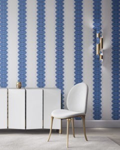 Lou in blue and white is a unique striped wallpaper designed for fun, luxurious interiors. Design - Lou by Pearl and Maude. Vellum wallpaper comes untrimmed. Standard wallpaper comes pre-pasted.