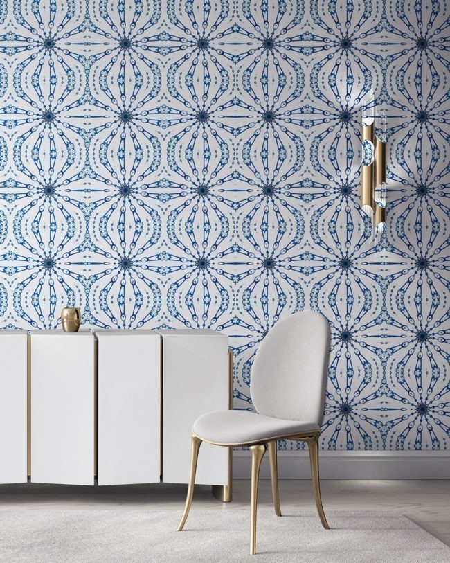 Fern in cobalt blue and white is a feminine, organic artisanal wallpaper designed in Los Angeles. Design - Fern by Pearl and Maude. Vellum wallpaper comes untrimmed. Standard wallpaper comes pre-pasted.