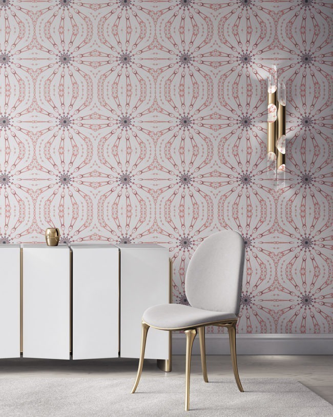 Fern in pink, grey and white is a feminine, organic artisanal wallpaper designed in Los Angeles. Design - Fern by Pearl and Maude. Vellum wallpaper comes untrimmed. Standard wallpaper comes pre-pasted.