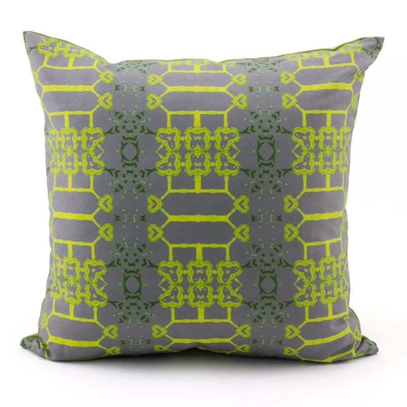 Arachen grey citron yellow throw pillow patterned front