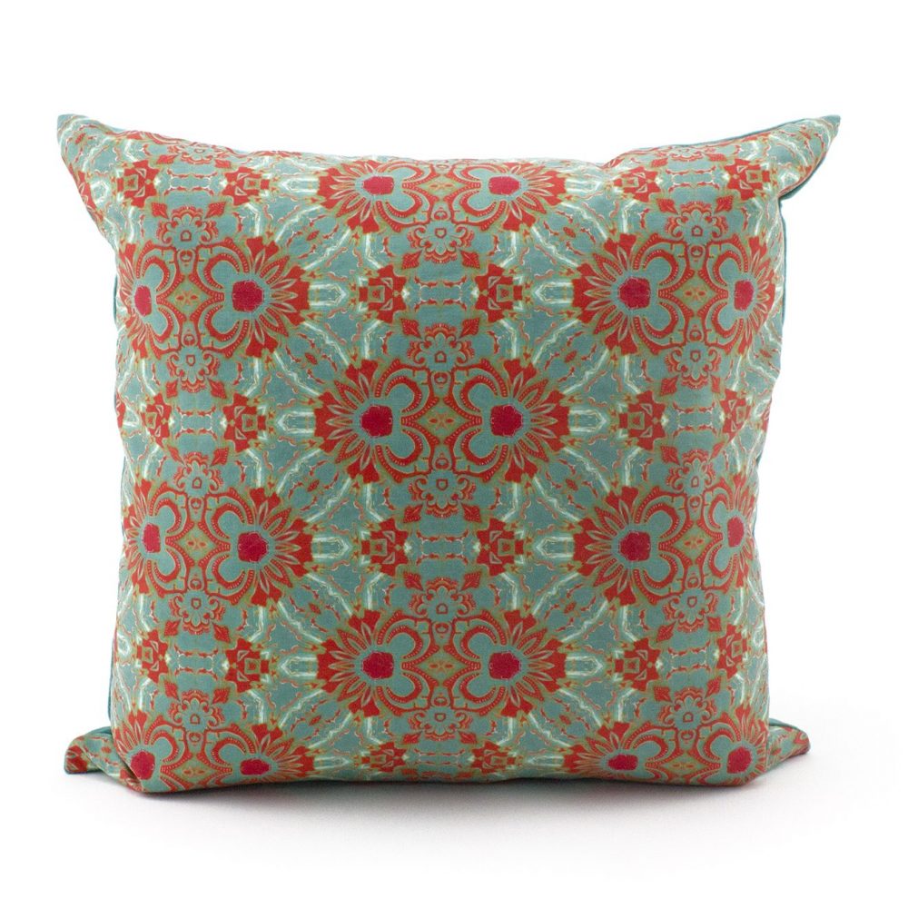 Carmen turquoise, coral throw pillow patterned front