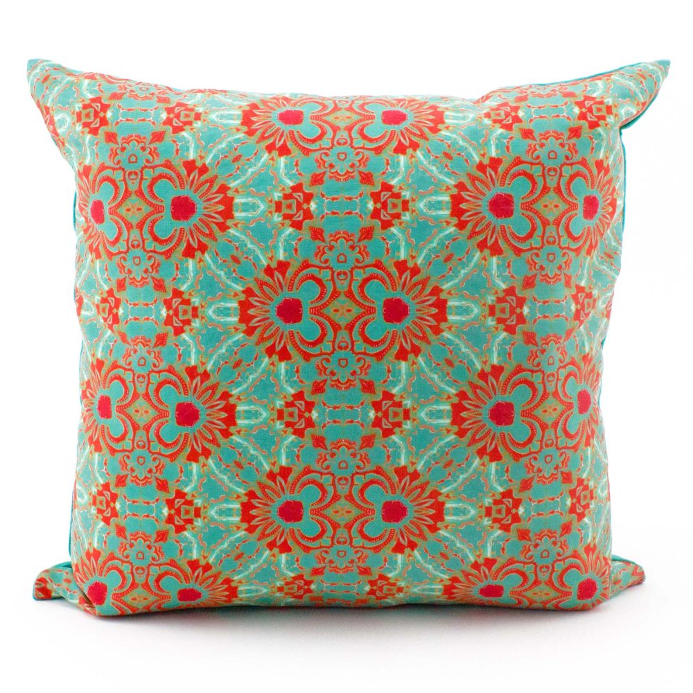 Carmen turquoise, coral throw pillow patterned front