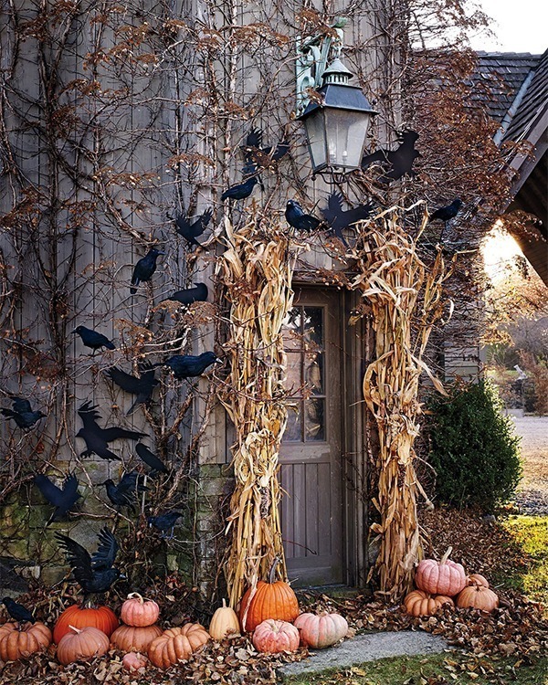 Crows, corn and pumpkins decorate the door for Halloween