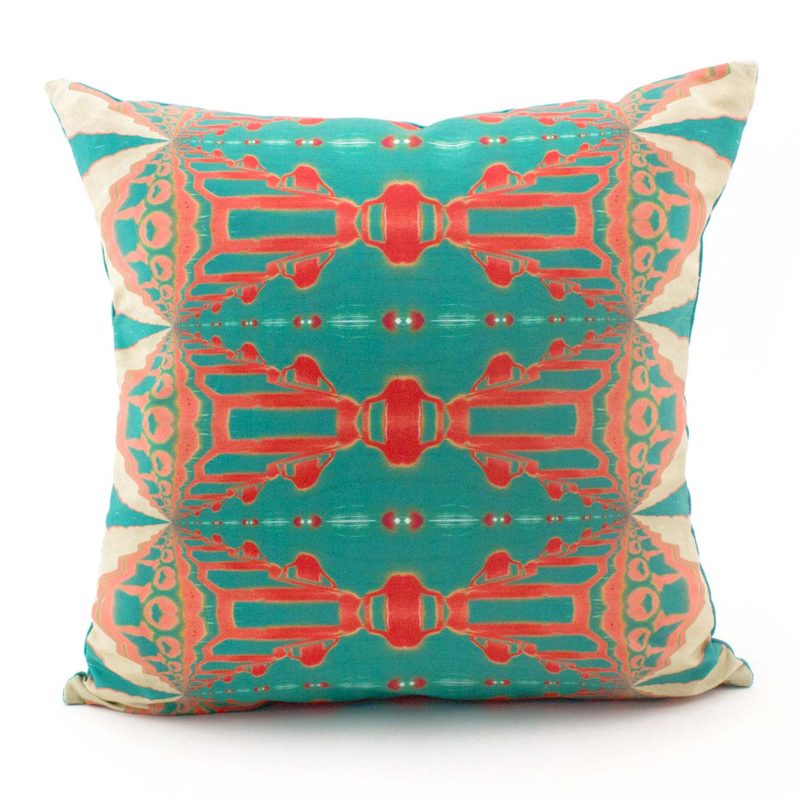 Itzel turquoise coral throw pillow patterned front