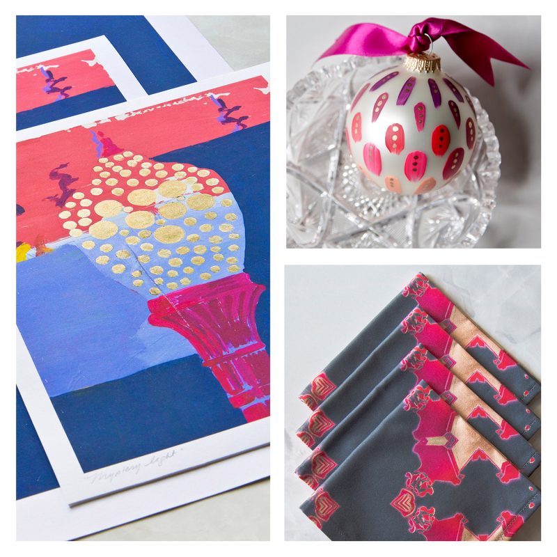 Magenta gift box with print, ornament and napkins