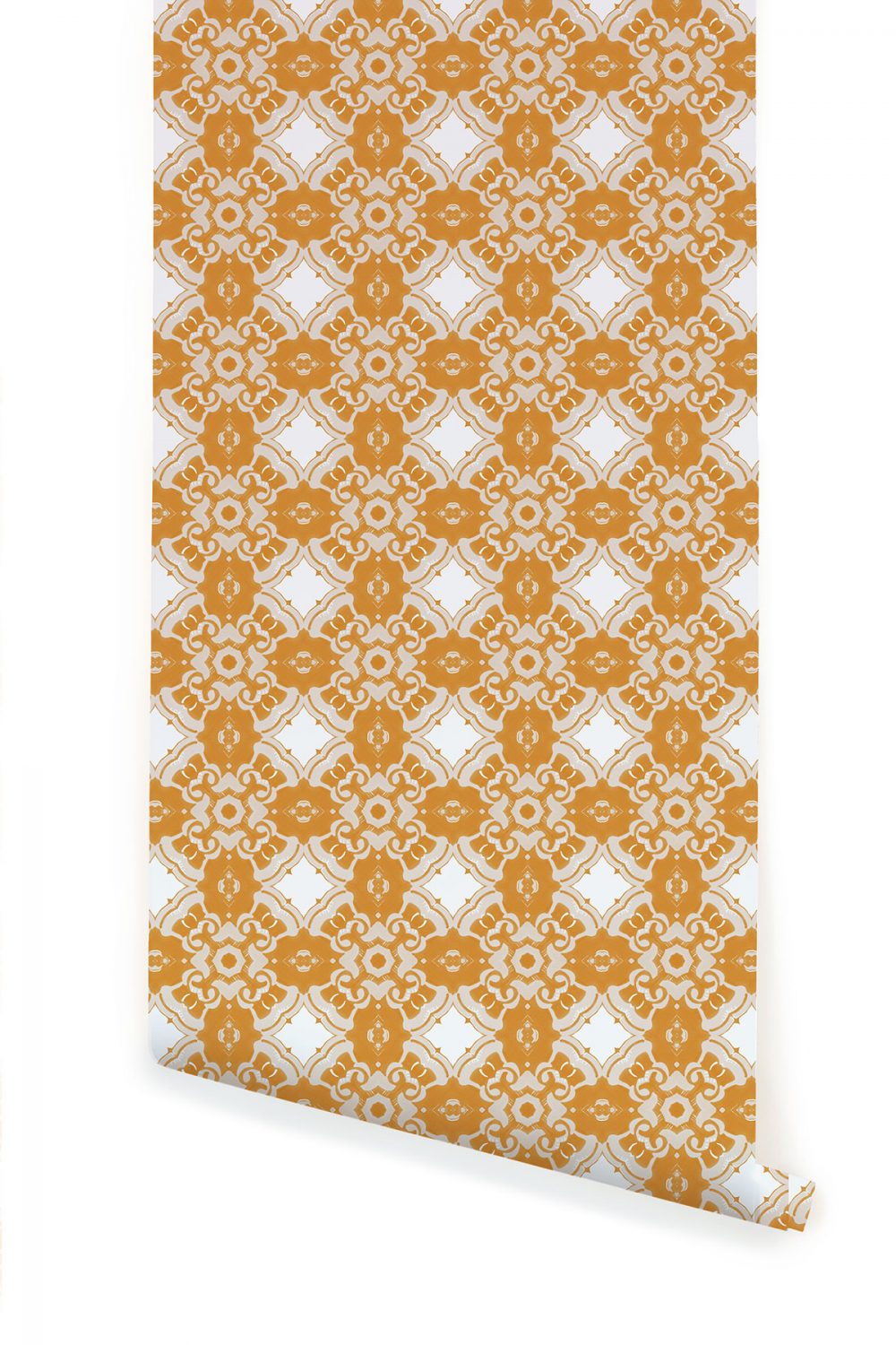 A roll of Pearl & Maude's Alexandria medallion prepasted wallpaper in daisy yellow, cream and white