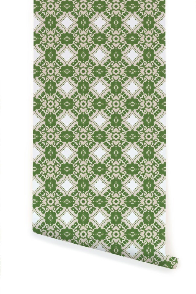 A roll of Pearl & Maude's Alexandria medallion prepasted wallpaper in moss green, cream and white