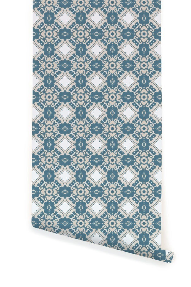 A roll of Pearl & Maude's Alexandria medallion prepasted wallpaper in sea blue, cream and white