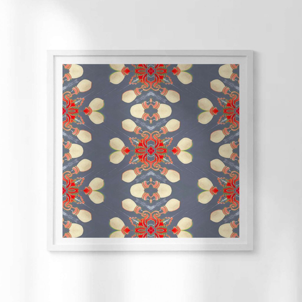 Arabella is a square, grey and red art print of shimmering, dancing stripes. Look closely and you'll notice urban street lights dancing in her design.