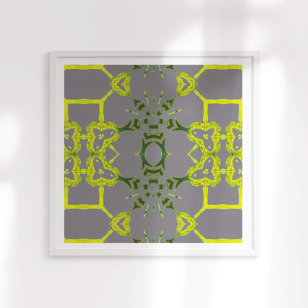 Arachne is a square, grey and citron art print of playful trellis patterns.