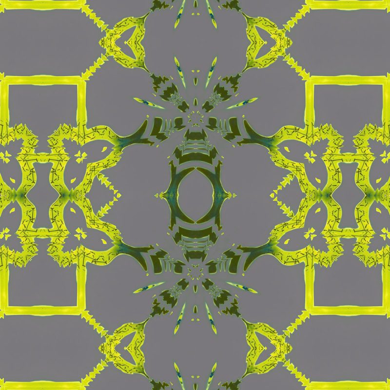 Arachne is a square, grey and citron art print of playful trellis patterns.