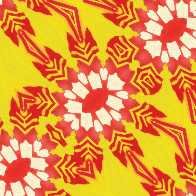 Artemis is a square, yellow and red colored floral art print. The design was inspired by combining tropical botanical design with the feathered arrows of the goddess of wild animals and vegetation.