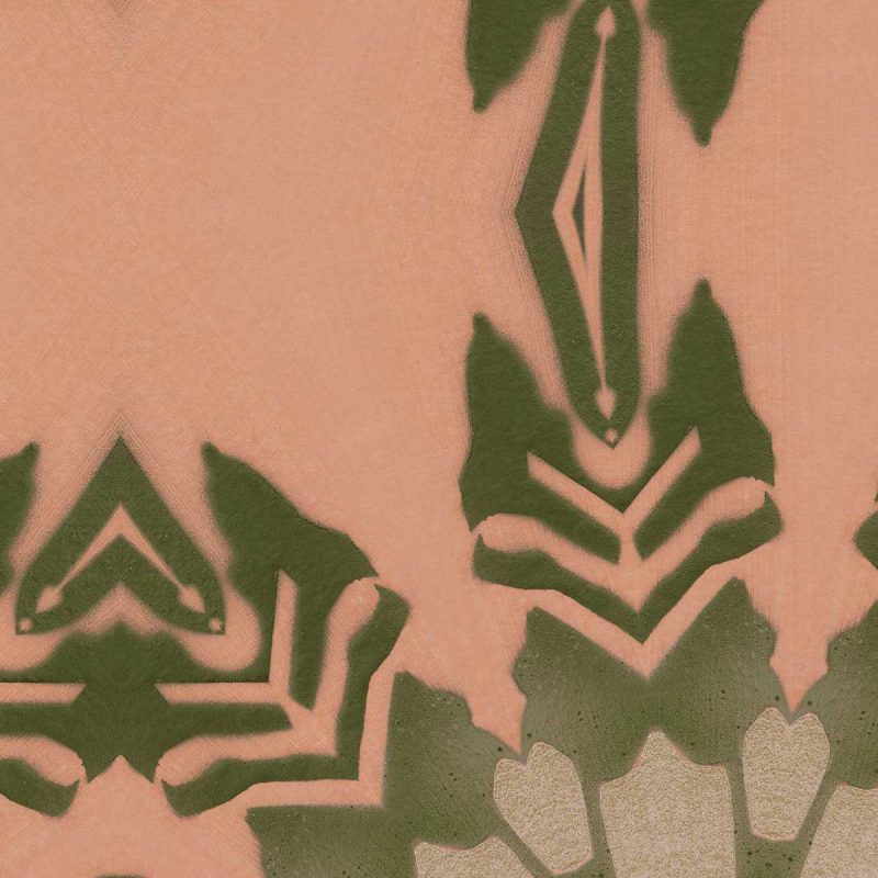 A detail swatch of Pearl & Maude's tropical botanical wallpaper in dark clay pink and grey