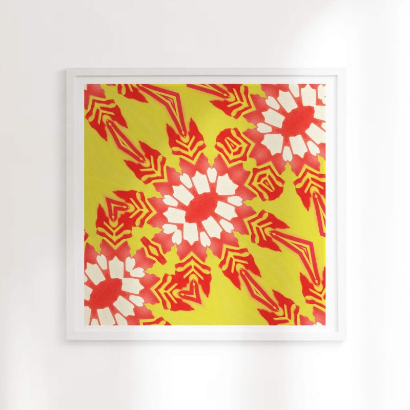 Artemis is a square, yellow and red colored floral art print. The design was inspired by combining tropical botanical design with the feathered arrows of the goddess of wild animals and vegetation.