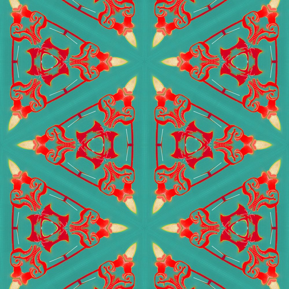Bunsen is a square, turquoise, and coral colored geometric art print. The design was inspired by combining ornate classical design with a contemporary, minimalist repeat.