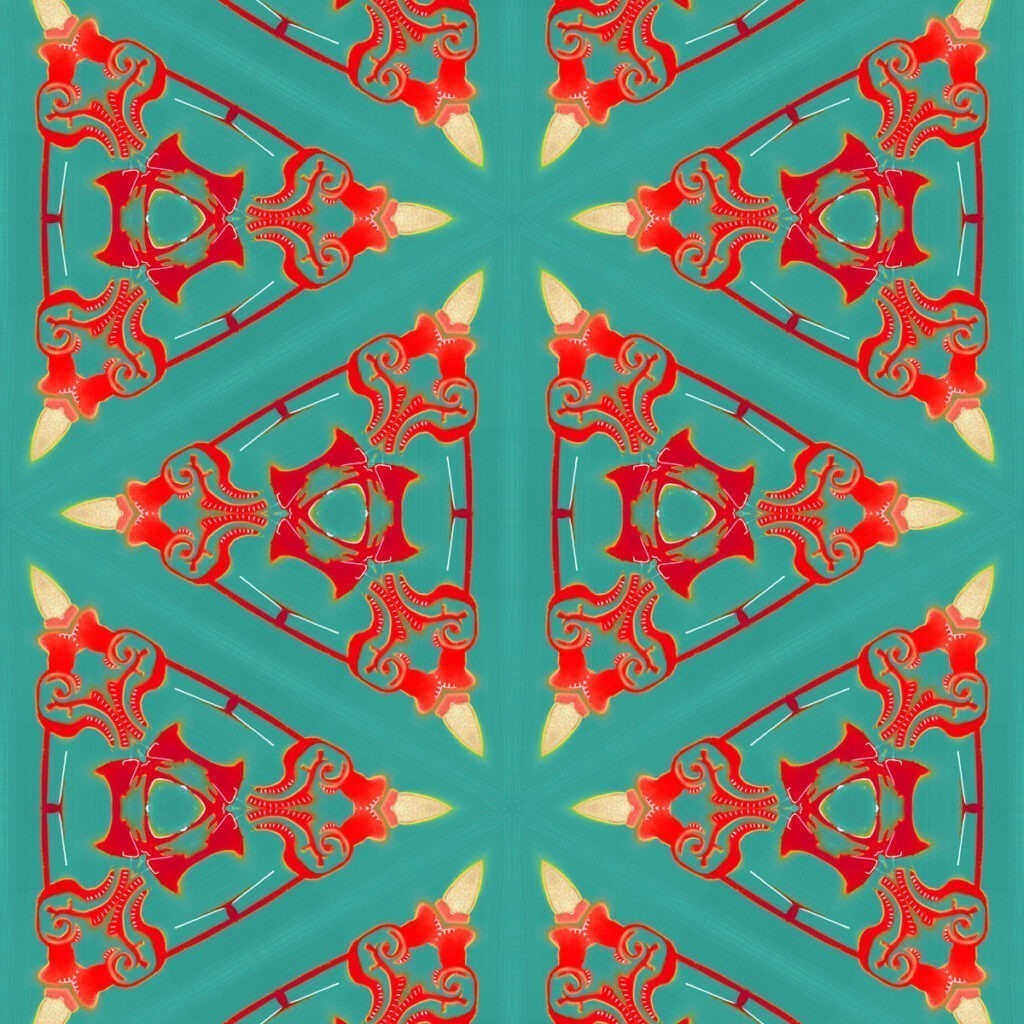 Bunsen is a square, turquoise, and coral colored geometric art print. The design was inspired by combining ornate classical design with a contemporary, minimalist repeat.