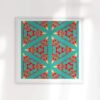 Bunsen is a square, turquoise, and coral colored geometric art print. The design was inspired by combining ornate classical design with a contemporary, minimalist repeat.