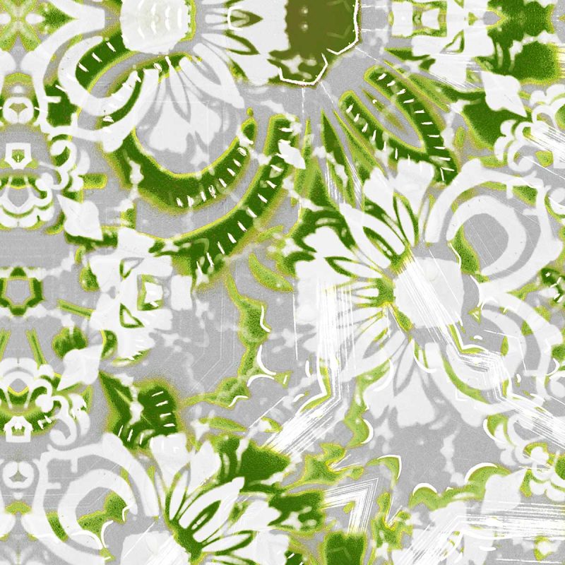 A detail swatch of Pearl & Maude's abstract floral Carmen vellum wallpaper in moss green and grey